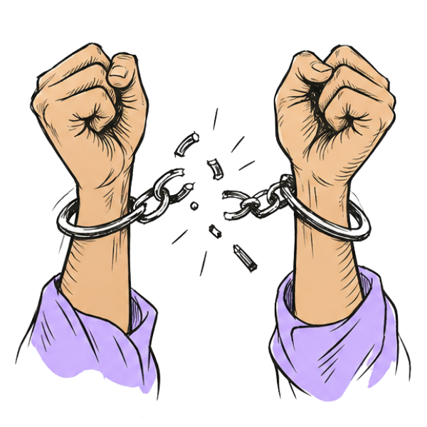 Ilustração de duas mãos rompendo uma algema